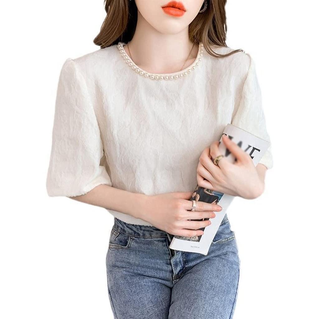 WALNUTA Women's Short Sleeve Beaded Chiffon Blouse - Pink O-Neck Tops for Casual Wear & Office Outfits