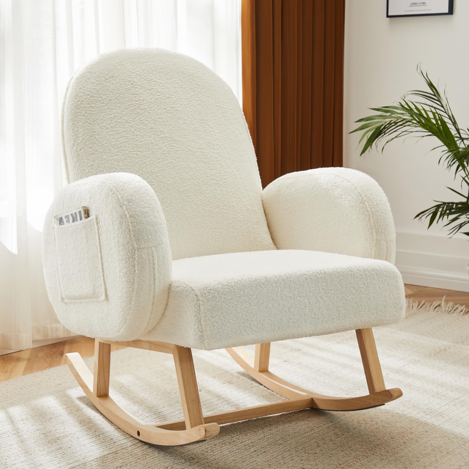 Comfortable Upholstered Rocking Chair with Side Pocket - Solid Rubber Wood Legs - Nursery Glider & Accent Chair for Living Room, Bedroom, Nursery - Perfect for Breastfeeding, Reading Nook & Relaxation