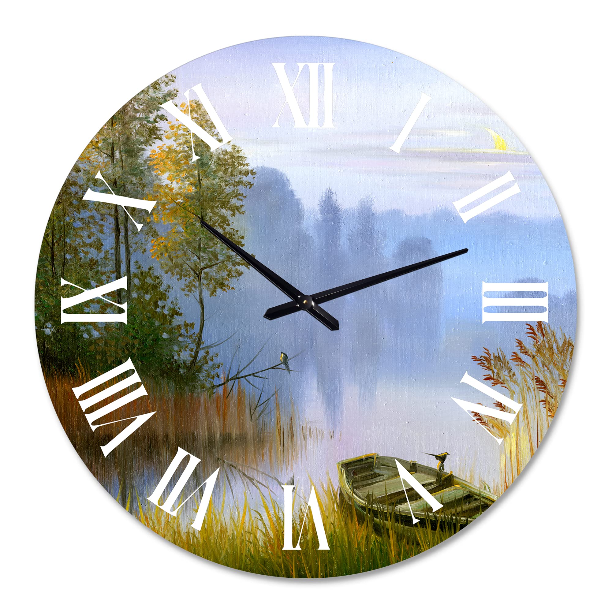 Large Traditional Wall Clock 'Boat on the Lake Bank' - Nature Landscape Decor for Living Room, Bedroom & Office | Silent Non-Ticking Modern Home Décor