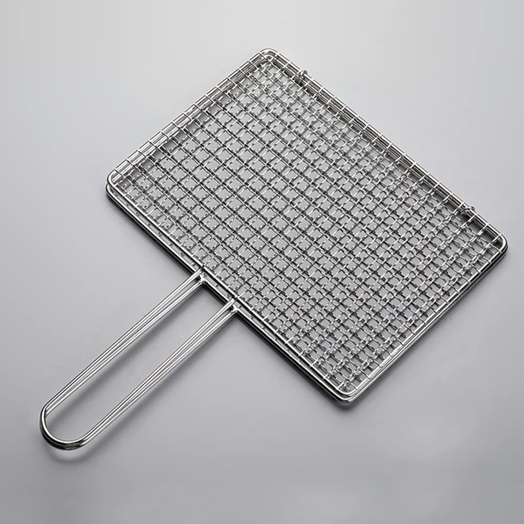 Premium Stainless Steel Grilling Basket with Handle - 28x23cm BBQ Grill Basket for Fish, Vegetables, Steak, Shrimp & Meat | Portable Barbecue Tool for Outdoor Cooking, Camping & Backyard Parties (Silver)