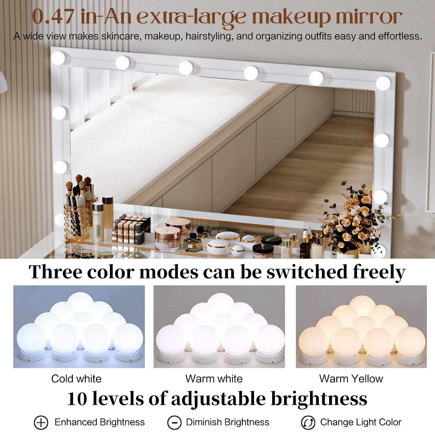 Modern White Large Vanity Desk with Chair - 11-Drawer High Capacity Makeup Dressing Table with Glass Top for Bedroom, Makeup Room | Perfect for Beauty Routine, Dressing Area & Home Decor