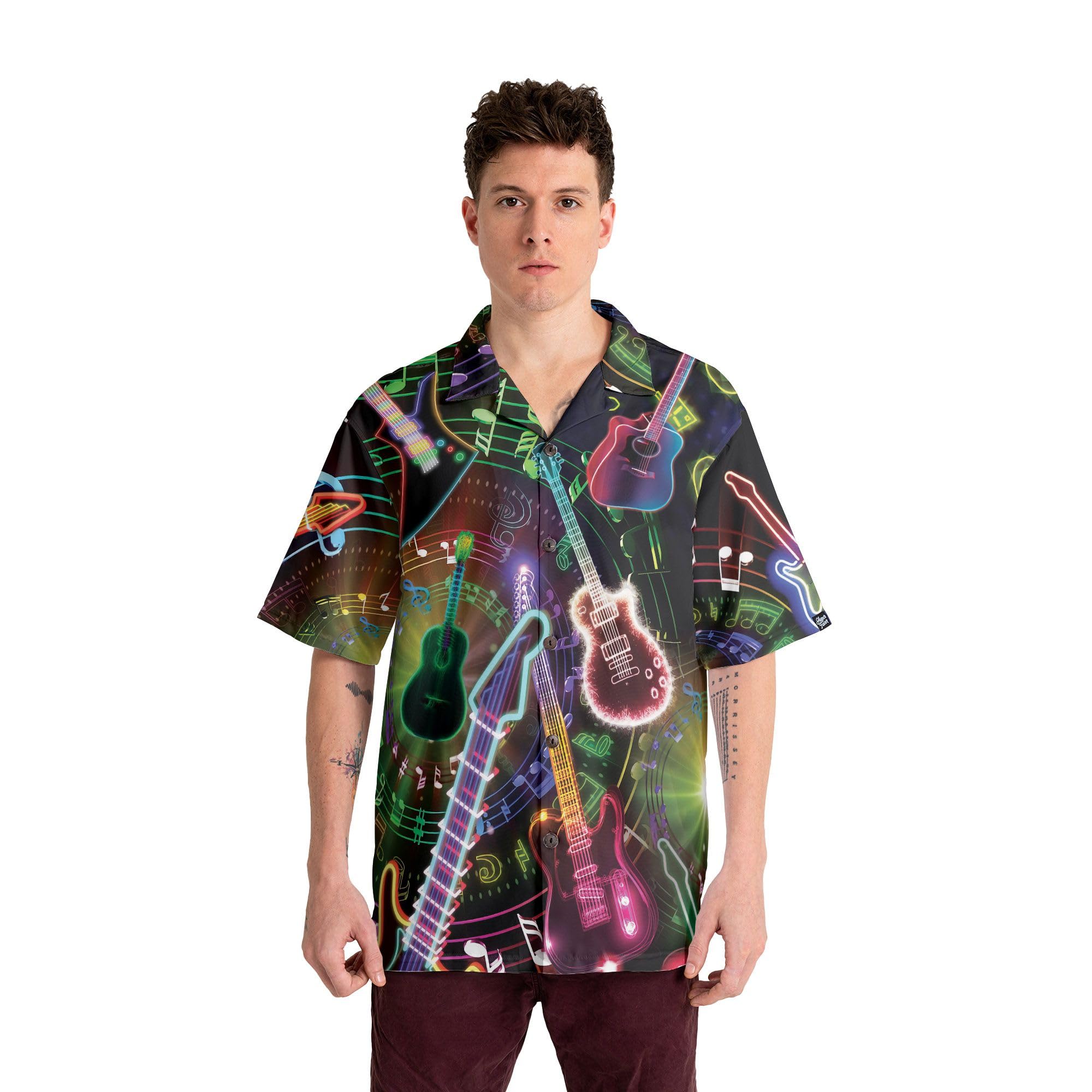 HYPERFAVOR Stylish Guitar Hawaiian Shirts for Men - Casual Short Sleeve Button Up Shirts with Guitar Print - Perfect Gift for Musicians & Music Lovers - Great for Concerts, Beach Parties & Summer Outings