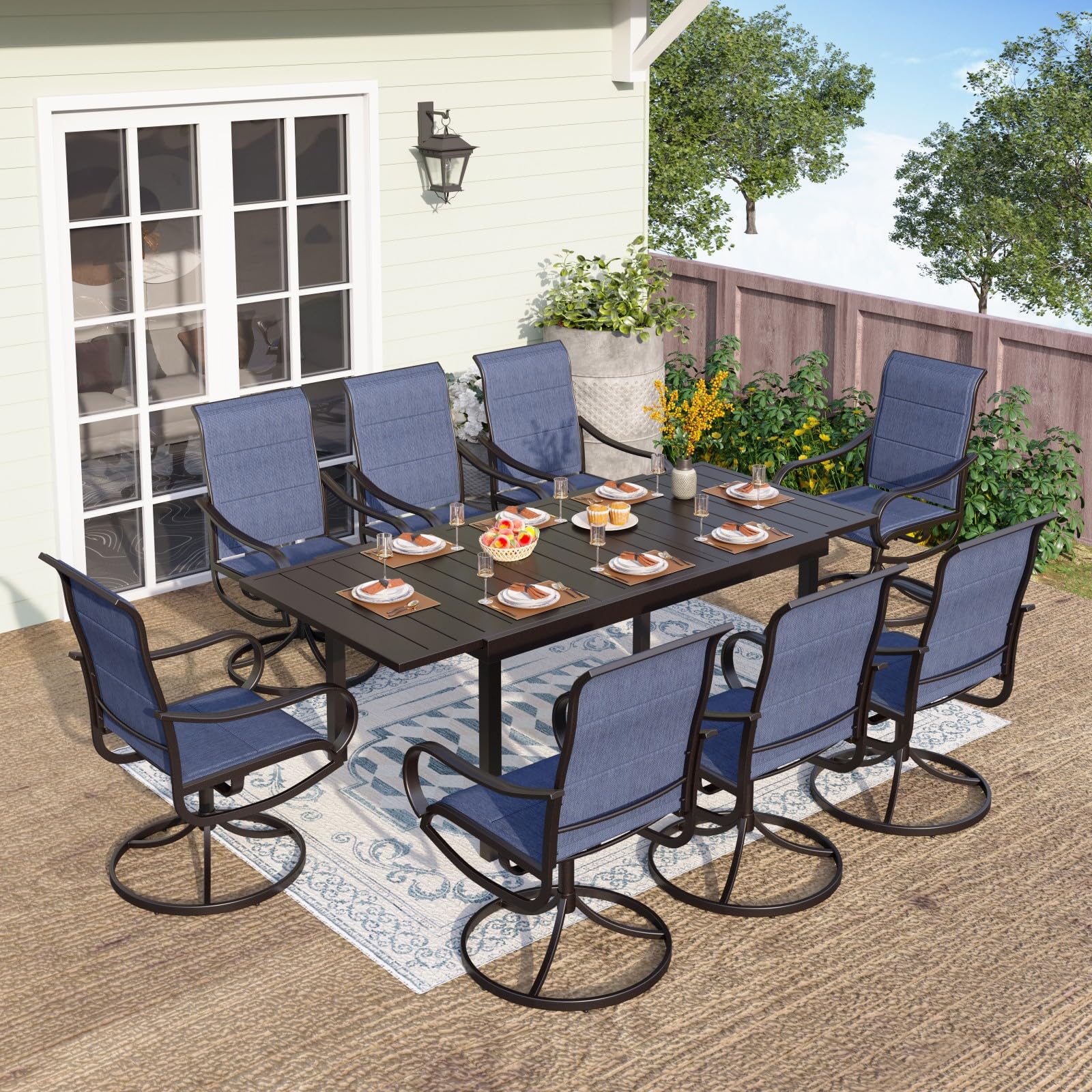 PHI VILLA 9-Piece Outdoor Patio Dining Set with 8 Swivel Padded Chairs & 1 Extendable Table - Weather-Resistant Blue Garden Furniture for 6-8 People - Perfect for Backyard BBQs, Poolside Dining & Outdoor Entertaining