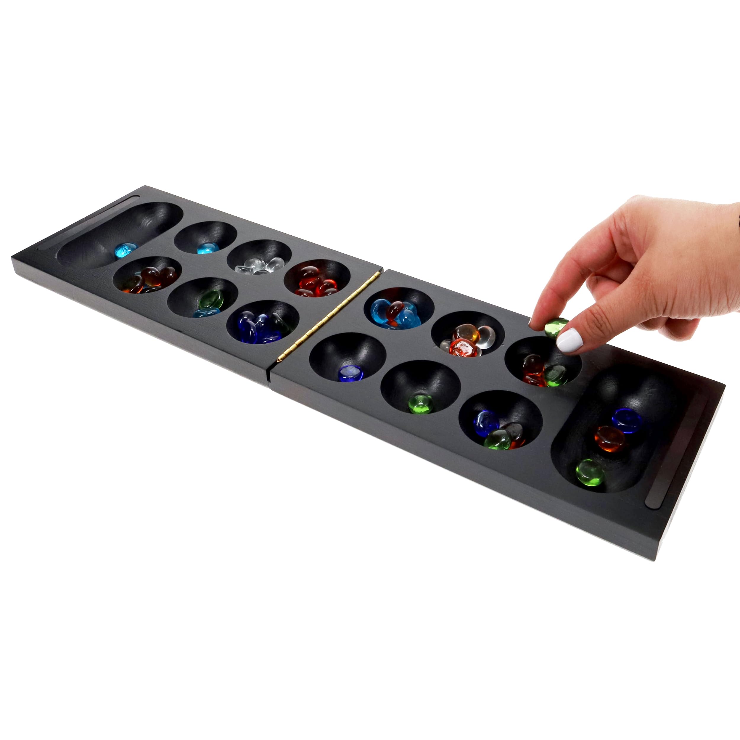 WE Games 可折叠木质 Mancala 棋盘游戏 - 深色染色，便携式旅行和家庭娱乐必备