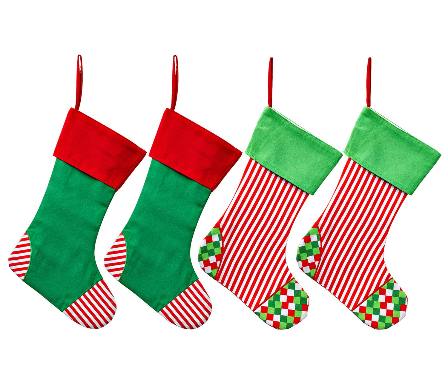 WeiVan Set of 4 Family Christmas Stockings - Red and Green Striped Cotton Canvas Holiday Stockings with Plaid Design for Fireplace Mantel Decor, Xmas Gift Bags & Festive Home Decoration