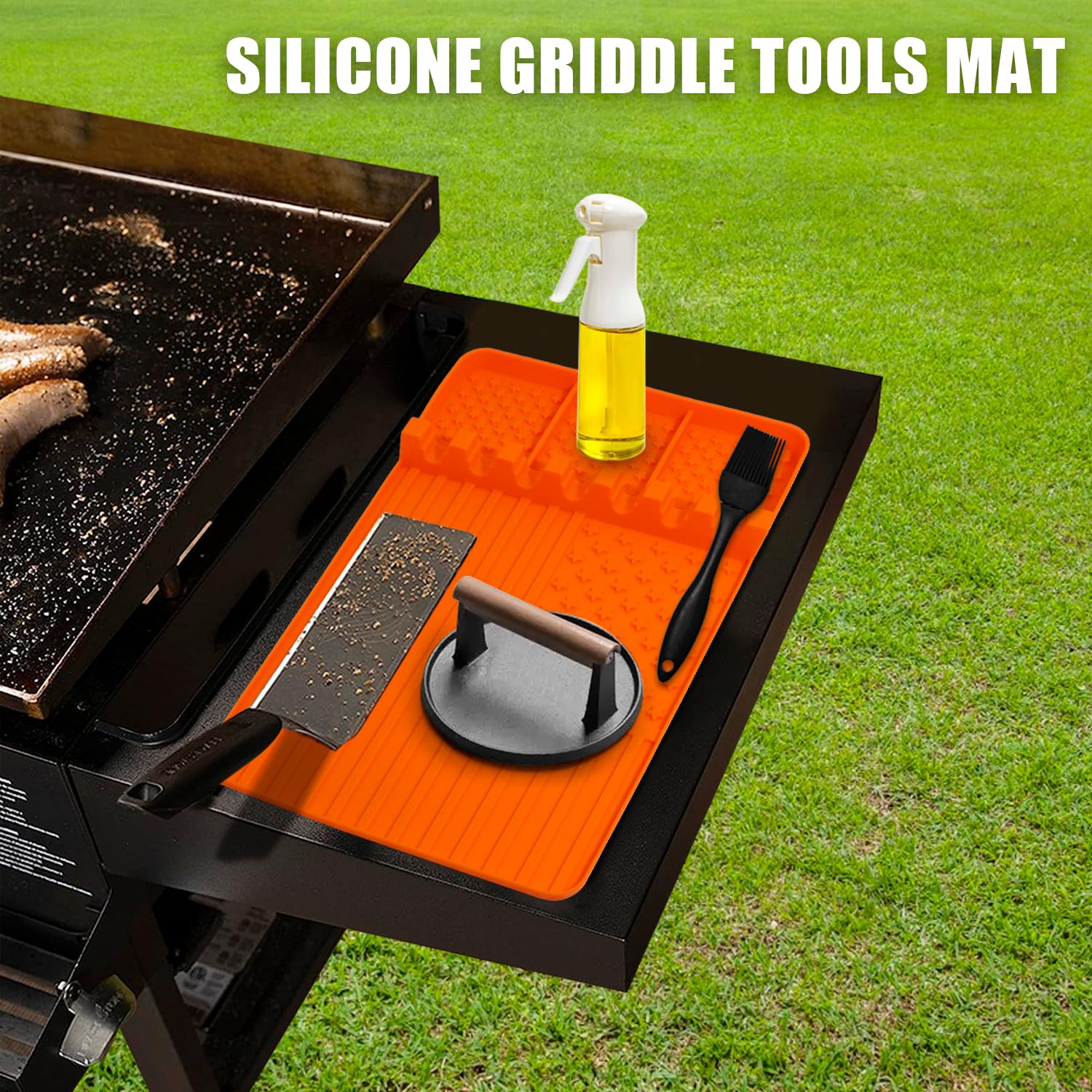 2PCS Heat-Resistant Silicone Griddle Tools Mat for Blackstone Grill - Non-Slip Spatula Holder with Drip Pad, Perfect for Kitchen Countertops, Outdoor Cooking & BBQ Accessories (Orange) - Ideal for Grilling, Camping & Backyard Parties