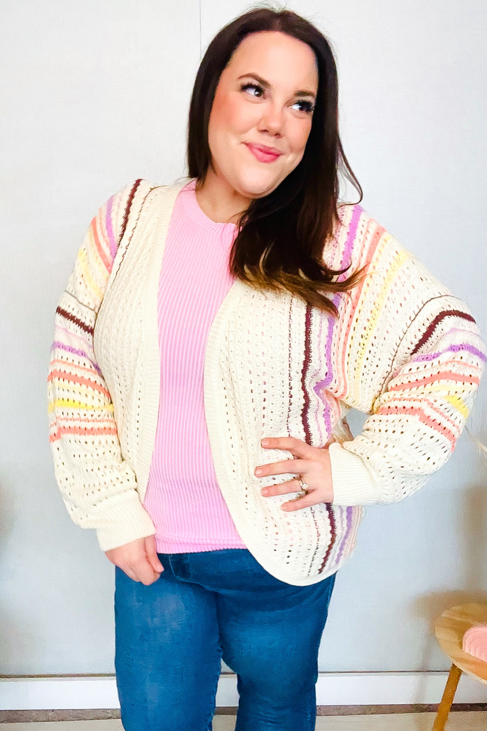 Easy Living Oatmeal Multicolor Stripe Dolman Crochet Cardigan Sweater - Cozy Boho Chic Knitwear for Women | Perfect for Fall Layering, Coffee Dates & Casual Outings