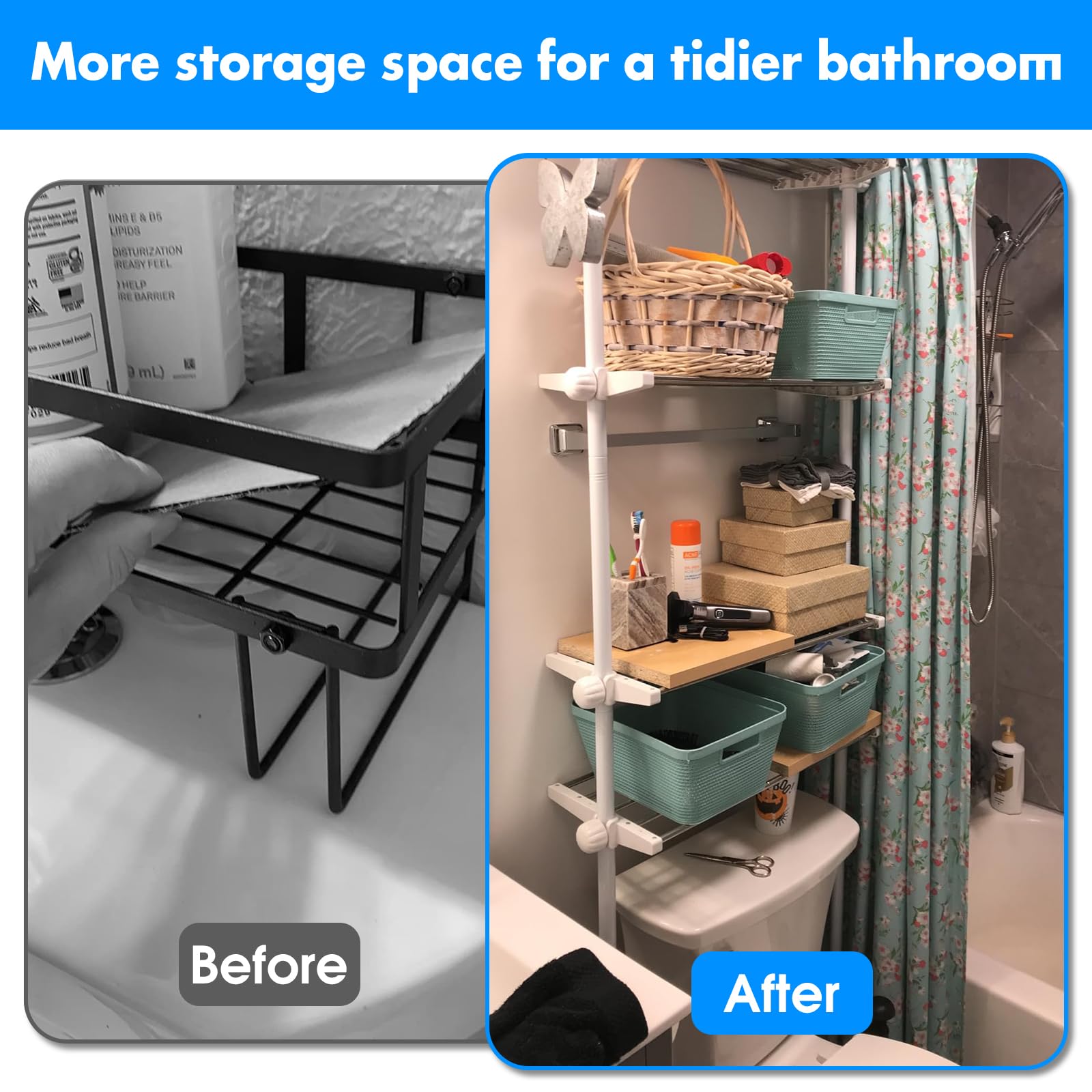 Adjustable Over The Toilet Storage Shelf - 91-124 Inch 4-Tier Bathroom Organizer Rack | Stainless Steel Space Saver for Small Bathrooms | Perfect for Towels, Toiletries & Bathroom Essentials (White)