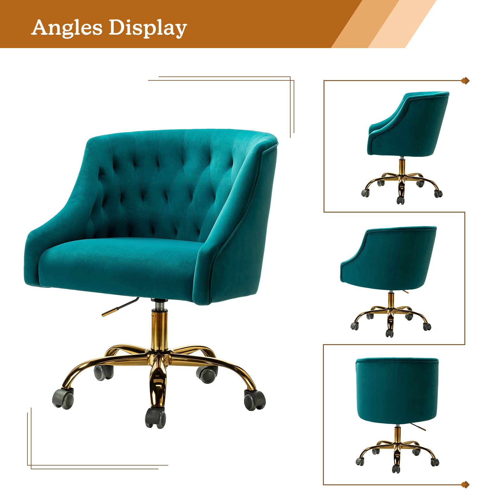 Luxury Velvet Home Office Chair with Gold Base - Adjustable Swivel Task Chair for Women, Modern Ergonomic Desk Chair for Living Room, Bedroom & Study - Soft Turquoise Velvet Seat - Perfect for Working from Home, Gaming & Vanity Areas