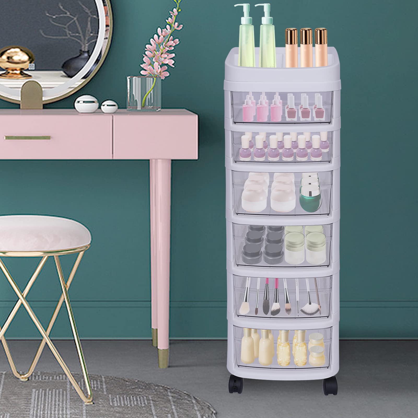 6-Drawer Plastic Storage Cart for Cosmetics & Crafts - Clear Organizer