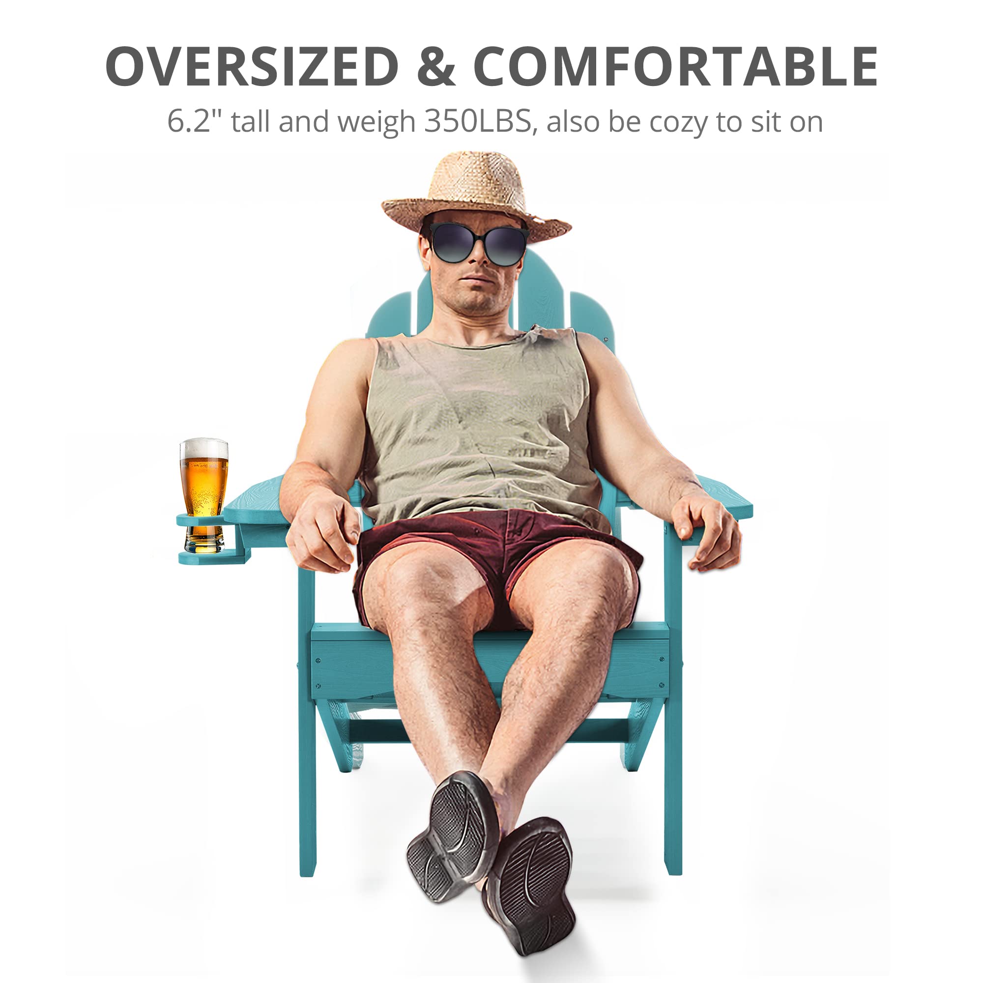 Premium LUE BONA HDPS Adirondack Chairs Set of 4 - Heavy Duty 350LBS Capacity Weather-Resistant Outdoor Patio Furniture with Cup Holder, Modern Plastic Chairs for Deck, Porch & Backyard - Relaxing by Fire Pit & Poolside (Blue Turquoise)