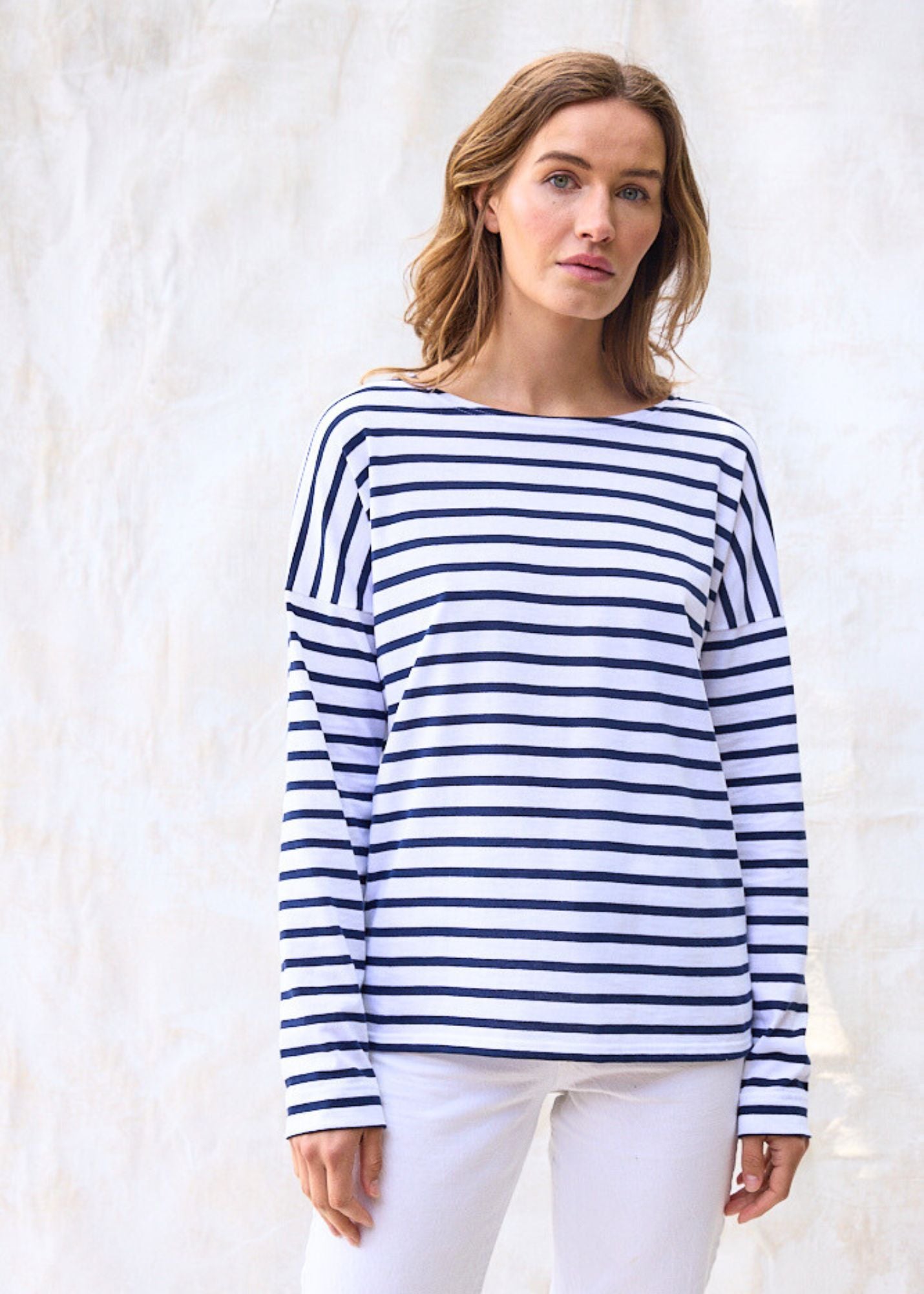 MINQUIERS DROP II Drop Shoulder Breton Striped Shirt for Men | Soft Cotton Comfort | Straight Fit Casual Wear (White/Navy) | Perfect for Beach Outings & Weekend Relaxation