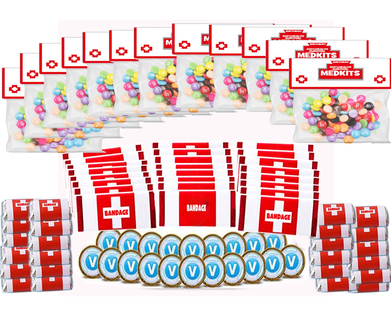 96 Pack Game Party Supplies - 48 Candy & Chocolate Bar Wrappers (2 Sizes), 12 Candy Bags, 12 Chocolate Coin Labels - Perfect for Kids Birthday Parties, Baby Showers & Carnival Games