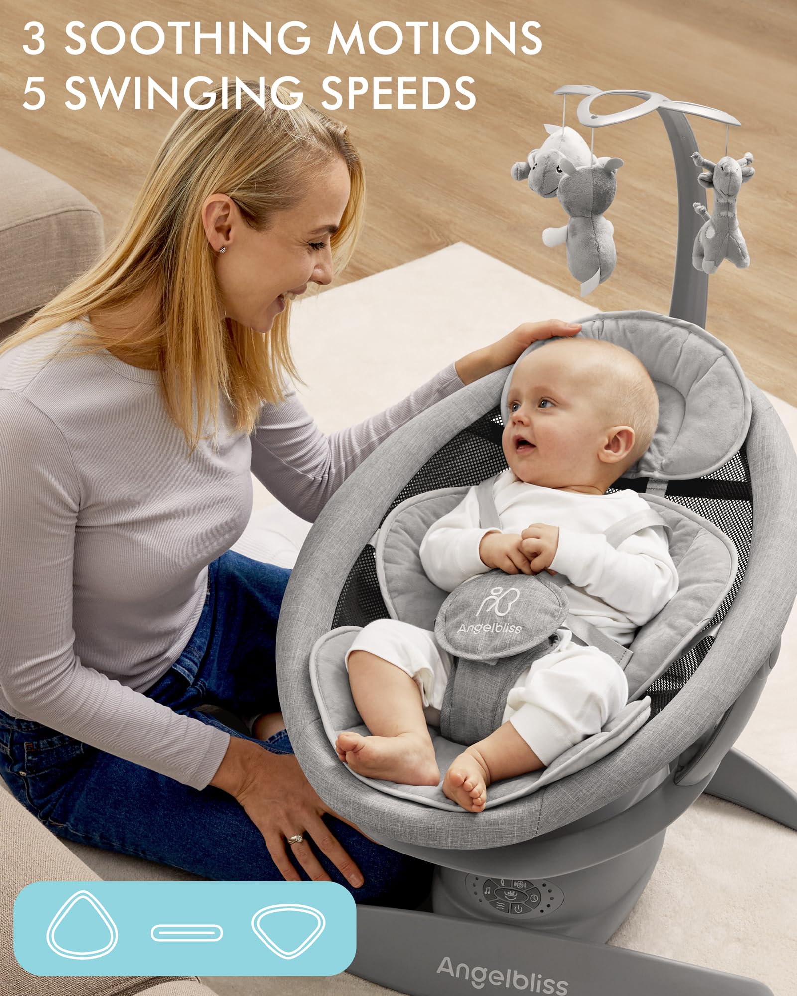 Angelbliss 3-in-1 Baby Swing with Motion Detection | Portable Infant Swing with Removable Rocker & Stationary Seat | Bluetooth Enabled with 3 Soothing Motions (Grey) | Perfect for Nursery, Travel & Calming Fussy Babies