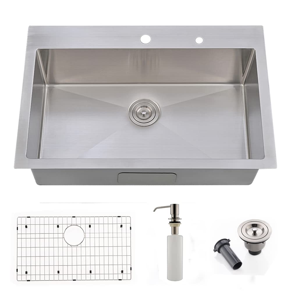 **33-inch Drop-In Stainless Steel Kitchen Sink - VOKIM 16 Gauge Single Bowl Handmade Sink with Dish Grid, Basket Strainer & Soap Dispenser - Perfect for Modern Kitchens & Easy Meal Prep**