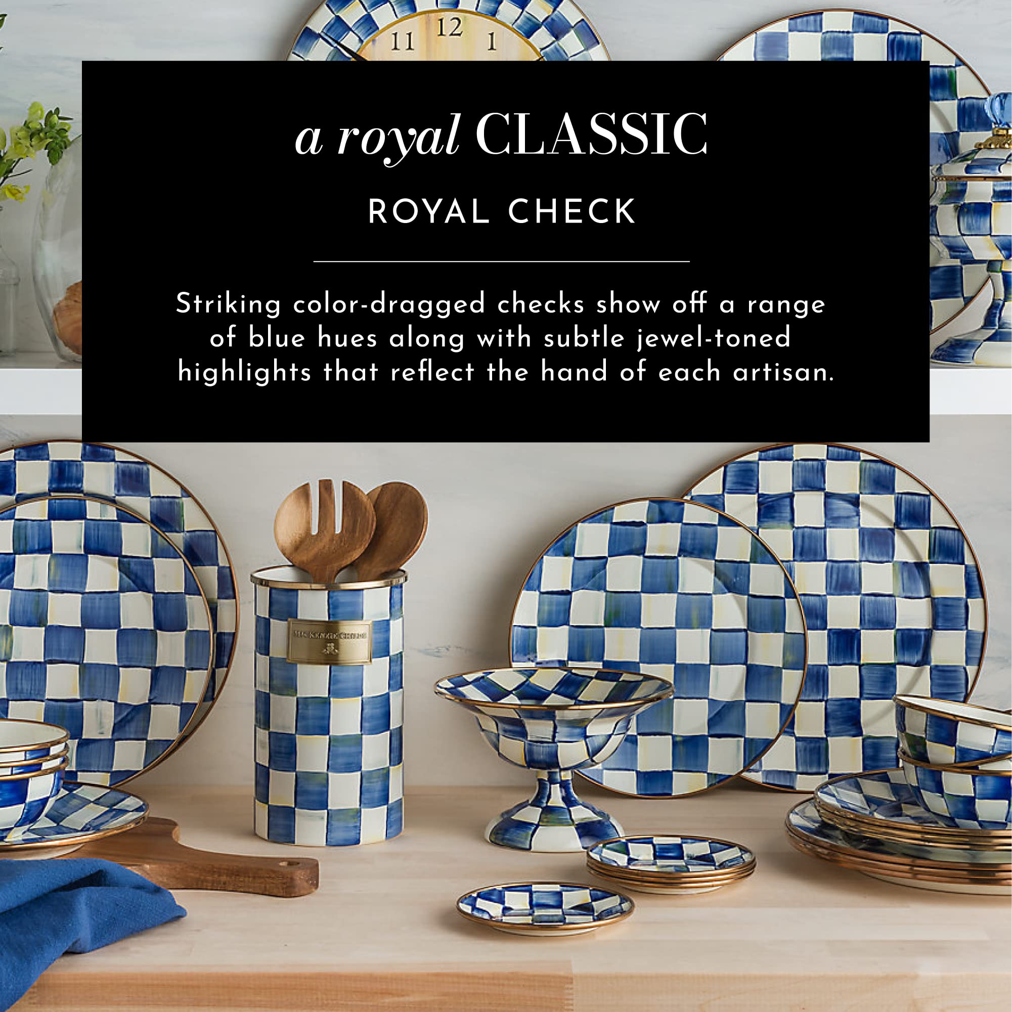 MACKENZIE-CHILDS 8-Inch Enamel Salad and Dessert Plate - Blue-and-White Royal Check Design - Perfect for Appetizers, Cakes, and Small Dishes - Elegant Table Setting for Parties, Tea Time, and Home Decor