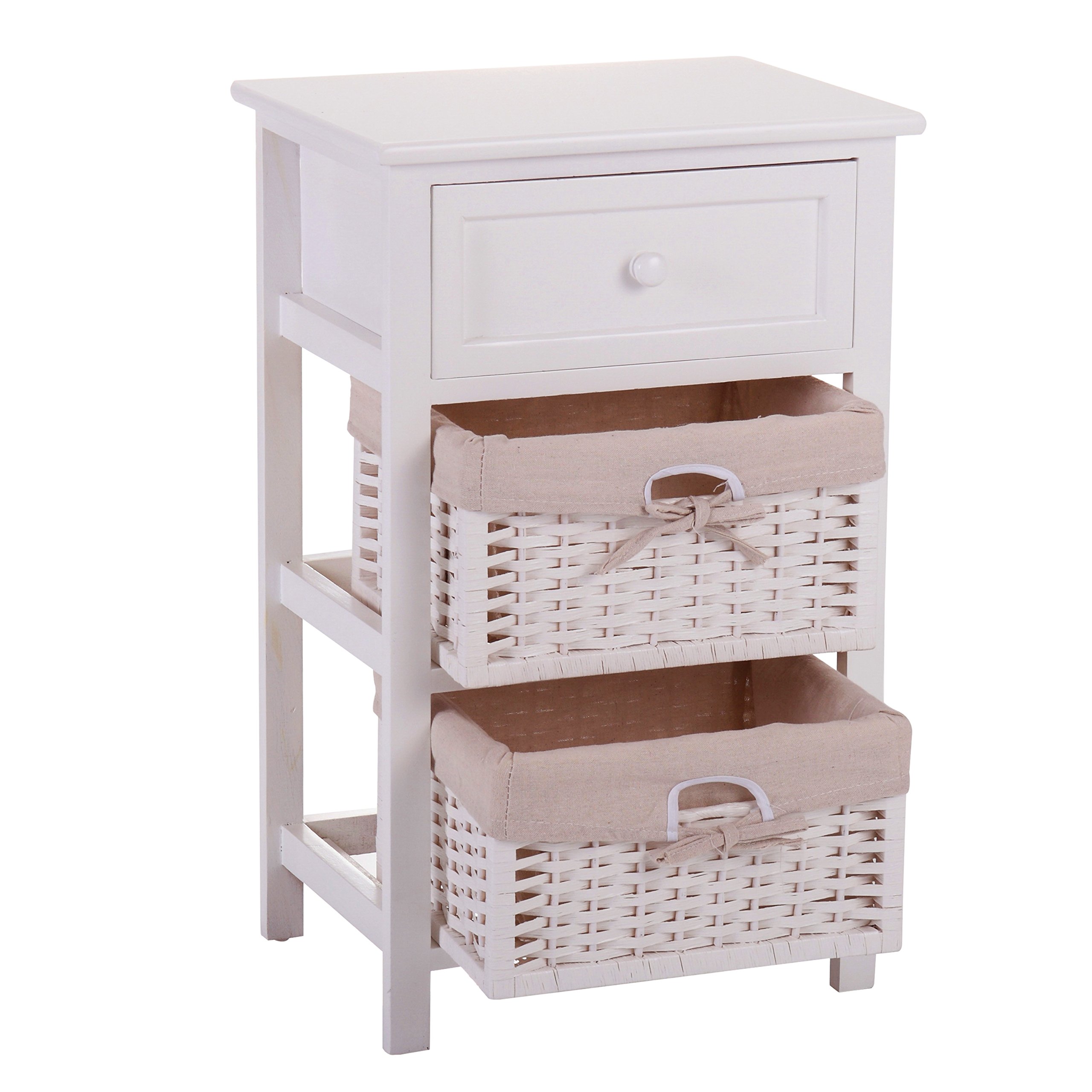Vintage Mid-Century Modern Nightstand - White Wooden Bedside Table with 1 Wood Drawer & 2 Woven Wicker Drawers | Perfect for Bedroom, Guest Room, or Dorm Decor