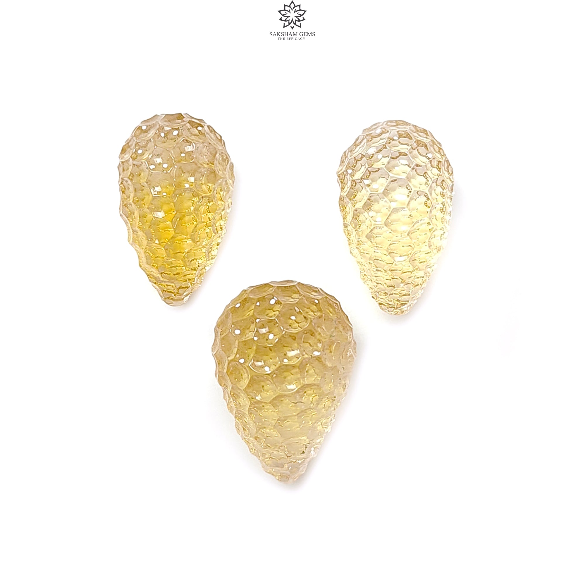 Natural Untreated Yellow Citrine Gemstone Carving - 64.60cts Hand Carved Teardrop Shape (21mm-22mm) 3-Piece Set | November Birthstone Jewelry Making Supplies | Perfect for Necklace Pendants, Earrings & DIY Craft Projects