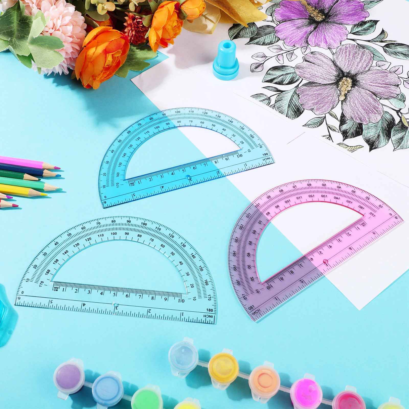 6 Inch Plastic Protractor 12 Pack - 180 Degrees for Math Classroom & Office