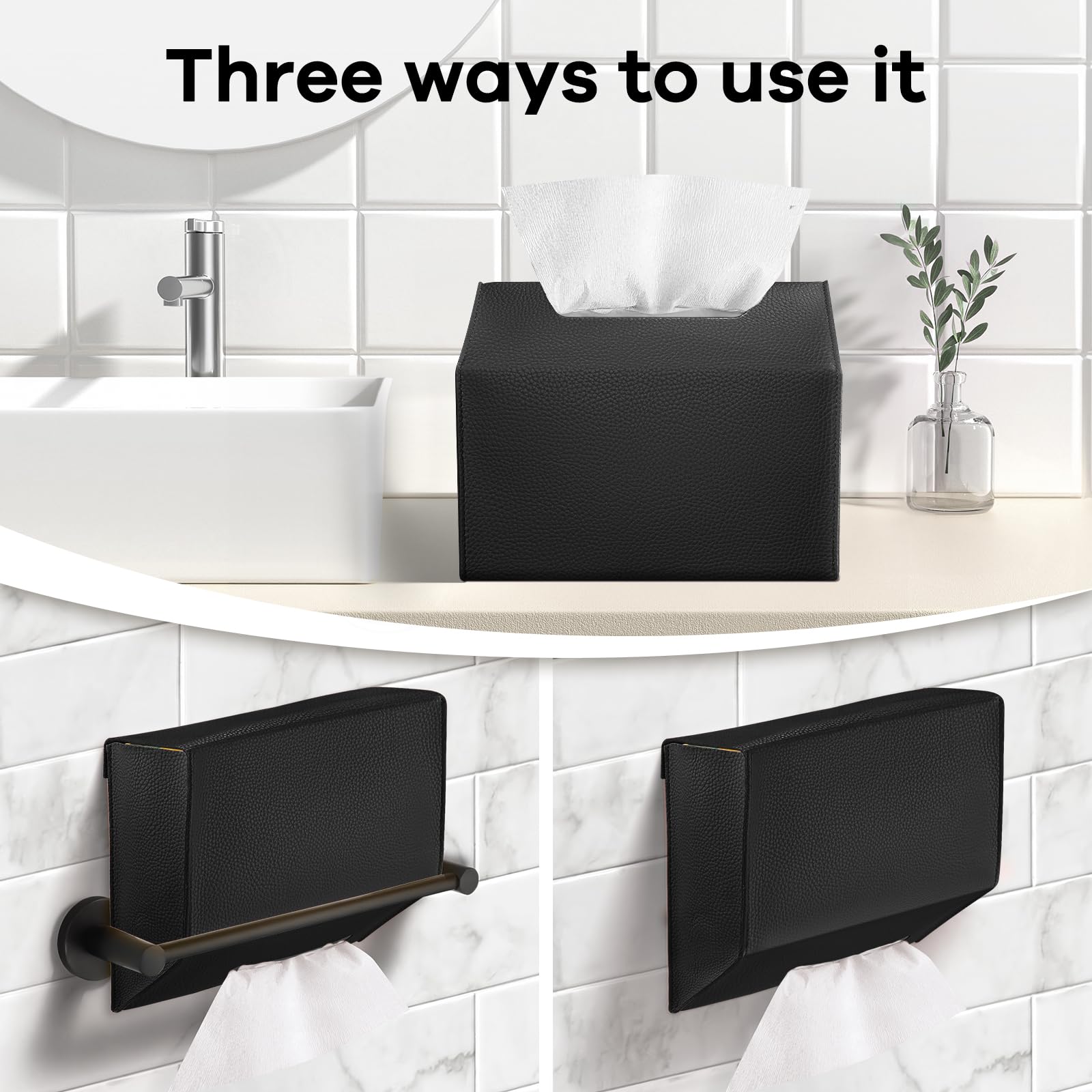 Kleenex Compatible Disposable Hand Towel Box Cover - Leather Tissue Box Holder for Bathroom, Kitchen & Office (Black, 1-Pack) | Stylish & Functional Paper Towel Organizer