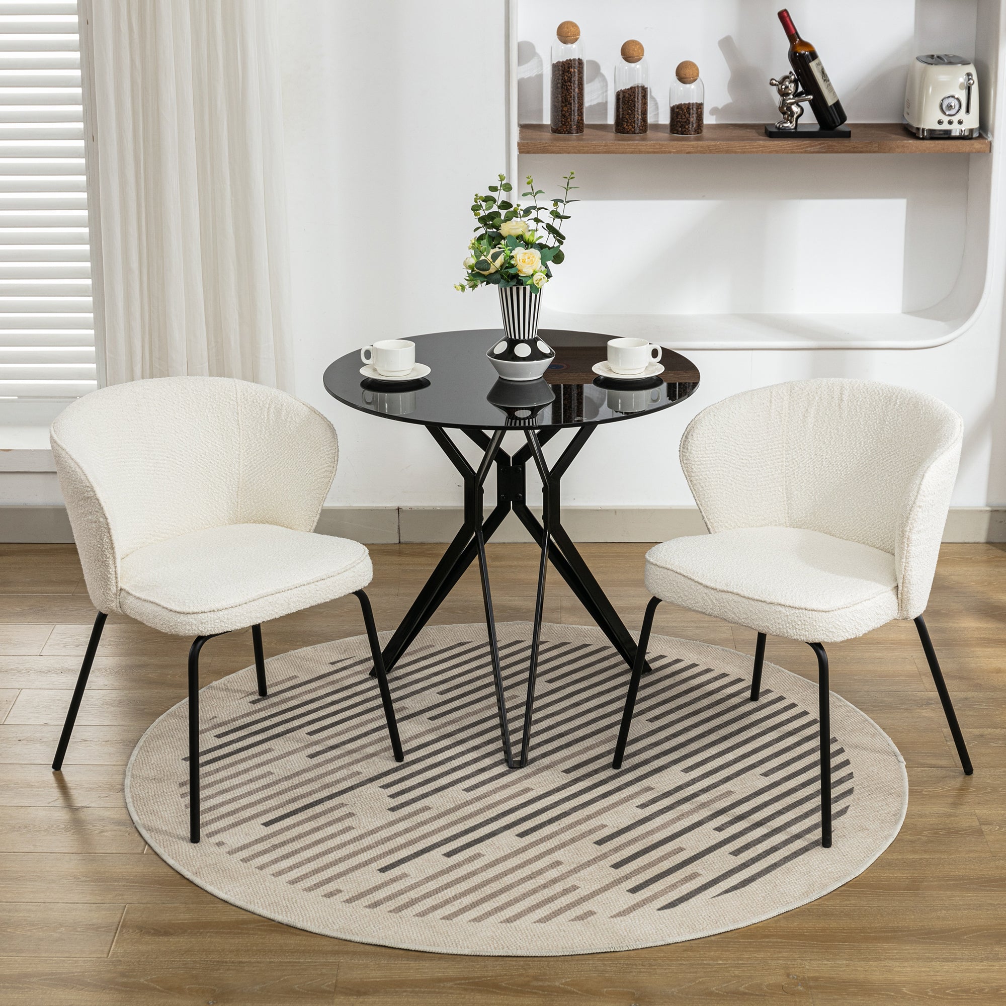 Set of 2 Modern Boucle Fabric Dining Chairs with Black Metal Legs in Ivory - Comfortable Upholstered Side Chairs for Kitchen, Dining Room, and Office Use