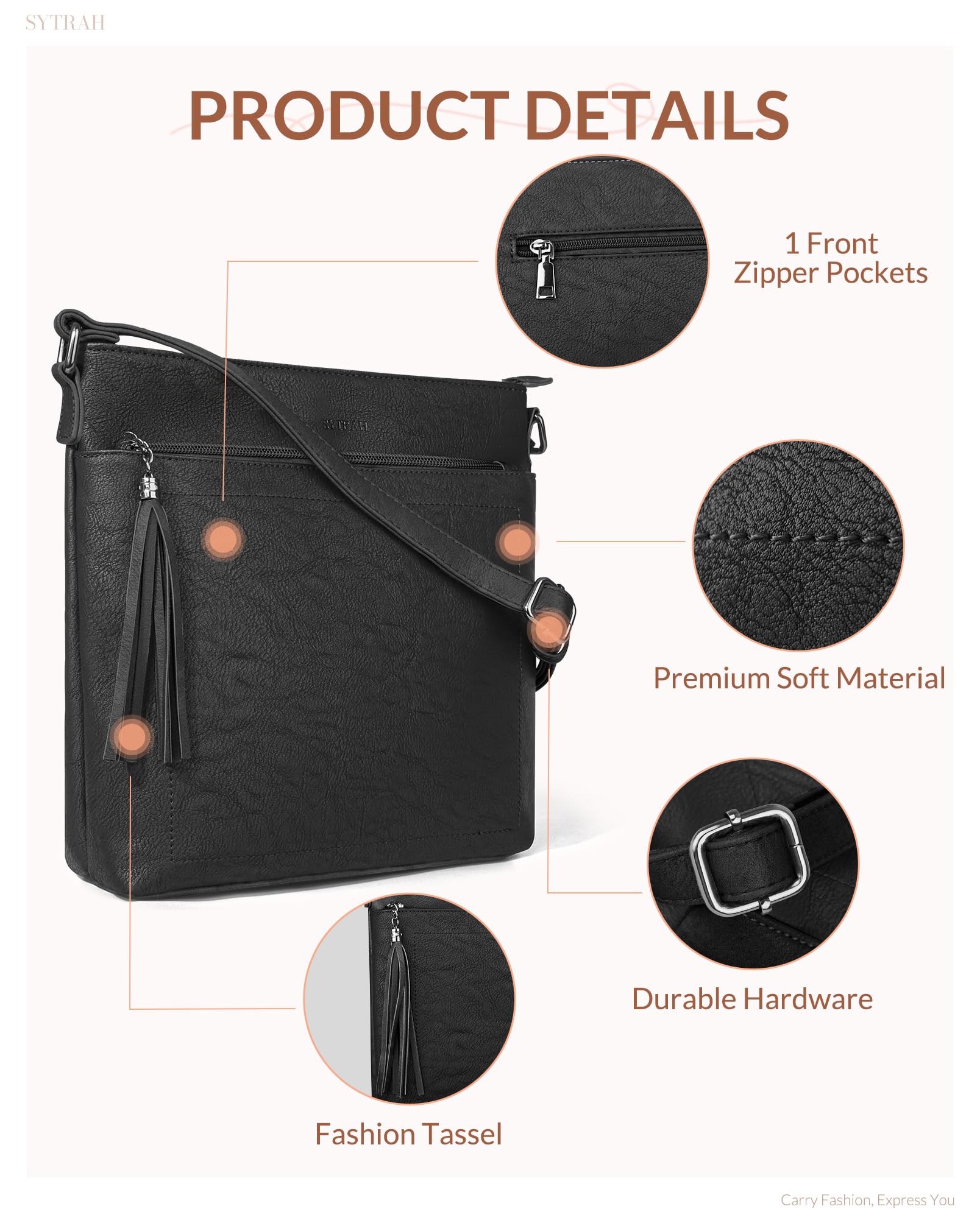 Premium Vegan Leather Crossbody Bag for Women - Adjustable Strap Lightweight Shoulder Purse with Tassel | Perfect for Work, Travel & Everyday Use