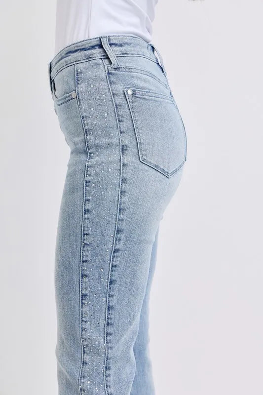 Judy Blue Women's Mid Rise Rhinestone Side Panel Flare Jeans - Stylish Stretch Denim Pants for Casual Wear & Night Out
