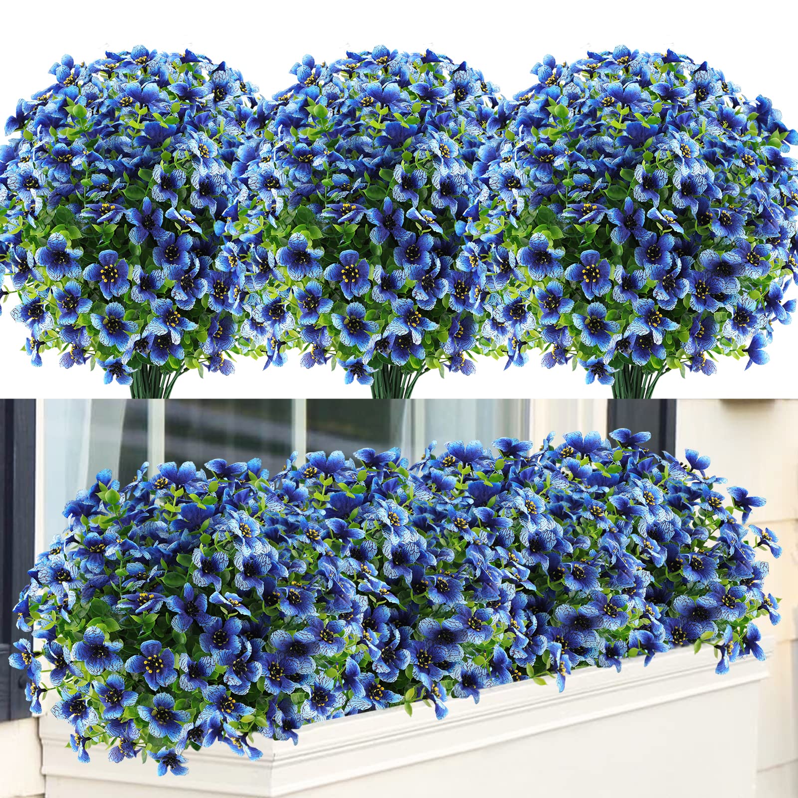 GREENRAIN 18 Bundles UV Resistant Artificial Flowers - Outdoor Fake Plants for Garden, Window Box & Porch Decor - Faux Plastic Flowers in Blue - Perfect for Home, Wedding & Party Decoration