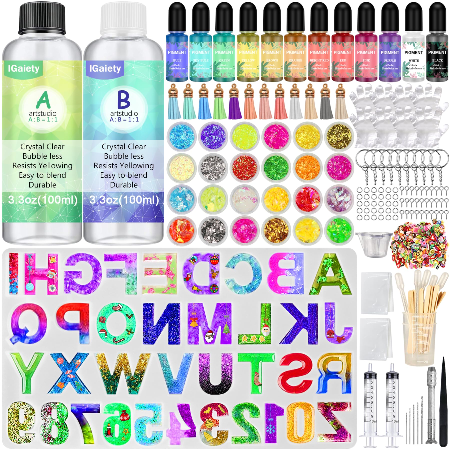 IGaiety 169-Piece Resin Alphabet Mold Kit - Silicone Letter & Number Keychain Molds (Backward/Reversed) with Epoxy Resin Pigments & Tools - Perfect for DIY Jewelry, Pendants & Keychains - Great Gift for Beginners & Adults - Crafting, Scrapbooking & Home Decor Projects