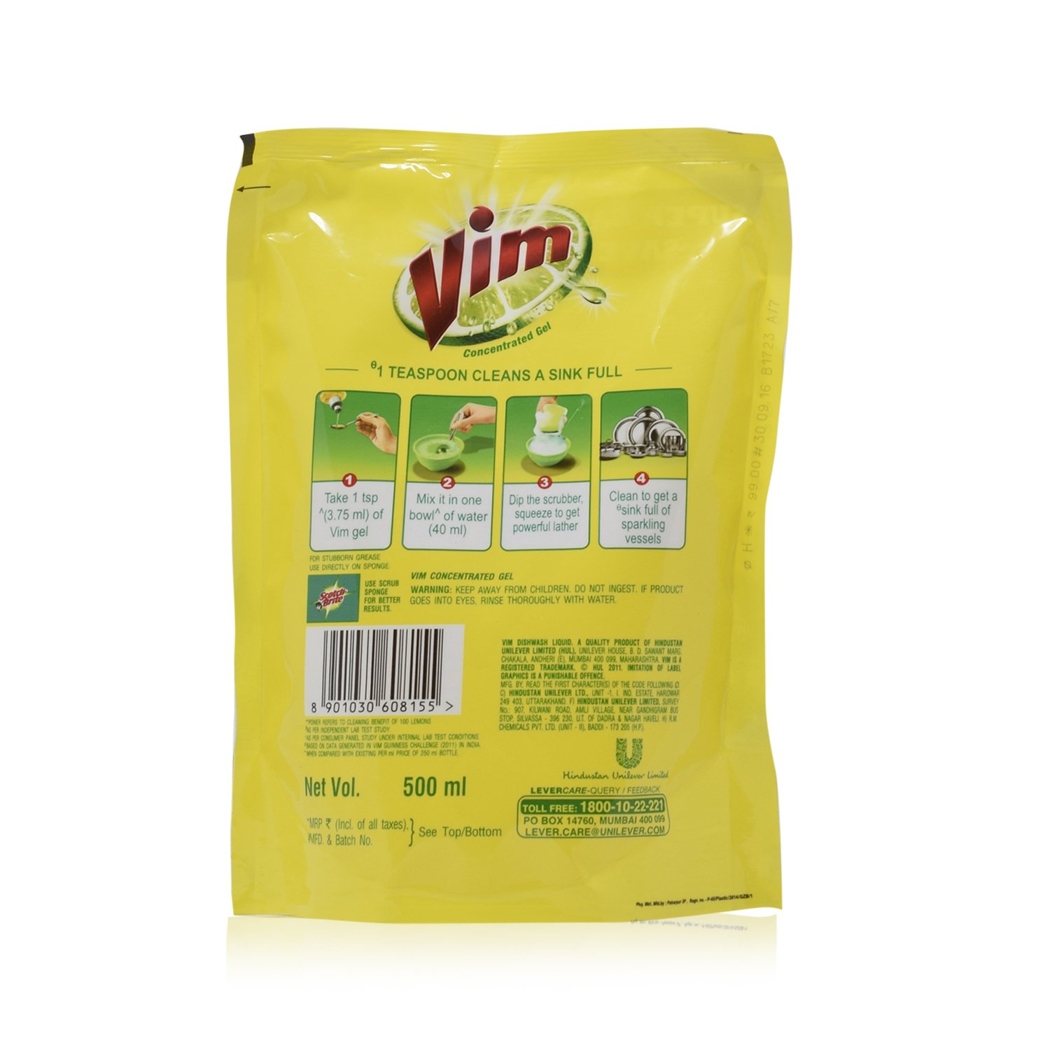 Vim Lemon Dishwashing Liquid - 500ml Refill Pouch | Fresh Lemon Scent | Powerful Grease Removal | Ideal for Kitchen, Sink, and Dish Cleaning