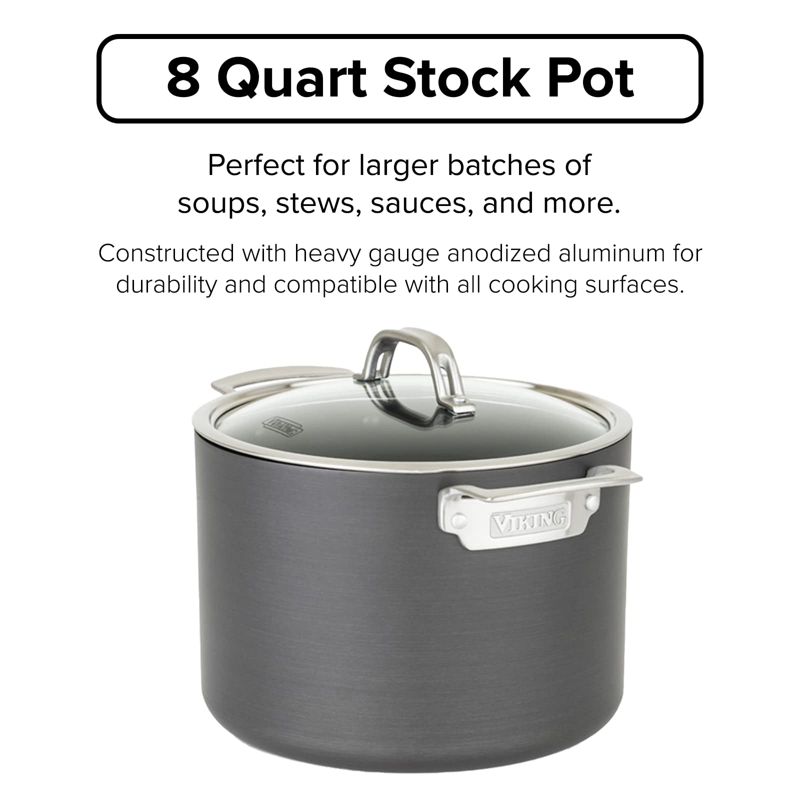 Viking 8 Quart Non Stick Stock Pot - Hard Anodized Nonstick Soup Cooking Pot with Glass Lid, Gray - Perfect for Soups, Stews, Pasta & Large Family Meals