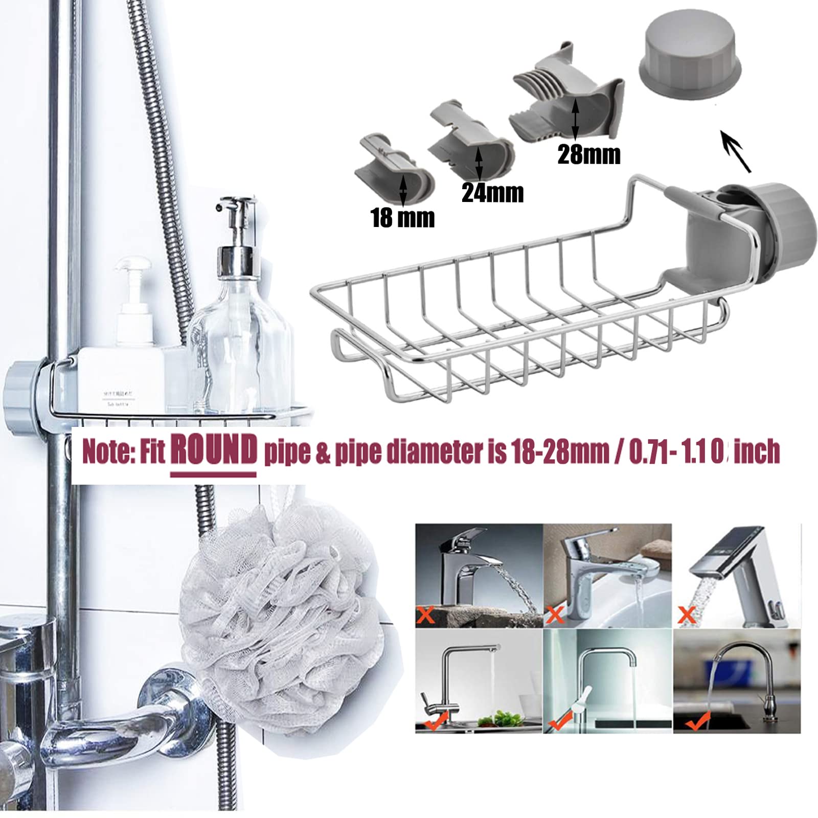 Stainless Steel Heavy Duty Kitchen Sink Caddy Organizer - Over Faucet Sponge Holder & Drain Rack for Scrubbers, Soap, Bathroom - Detachable No Suction Cup or Magnet - Perfect for Kitchen, Bathroom & Utility Sink Organization