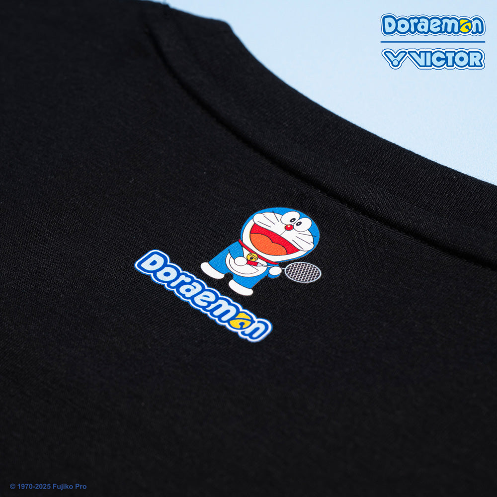 Victor x Doraemon Unisex Graphic T-Shirt - Anime Collaboration Cotton Tee for Men & Women - Perfect for Casual Wear, Cosplay, and Anime Fans (Black)