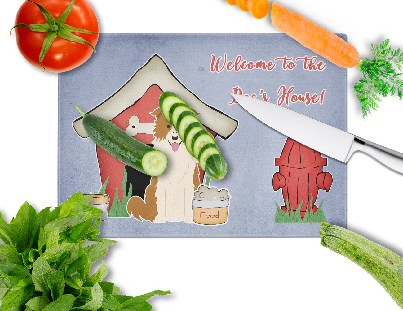 Premium Tempered Glass Cutting & Serving Board - Dog House Collection Border Collie Design, Large Decorative Kitchen Chopping Board for Meat, Cheese & Fruits | Durable & Stylish for Entertaining & Daily Cooking