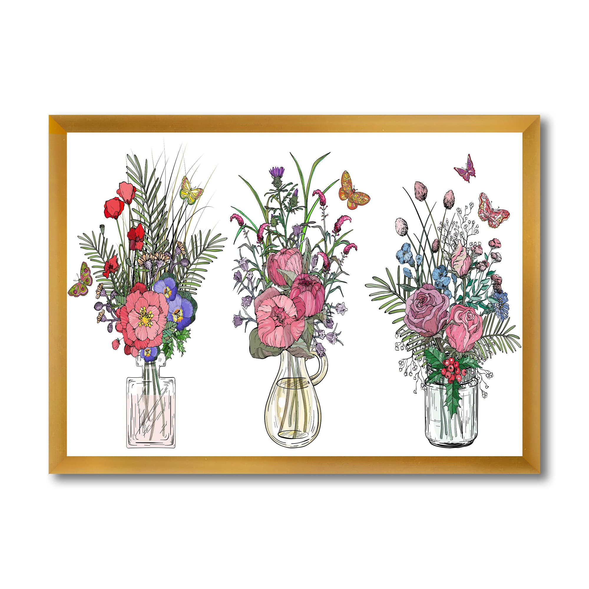 Farmhouse Wildflower Bouquets in Transparent Vases - Rustic Framed Wall Art Decor for Living Room, Bedroom & Kitchen