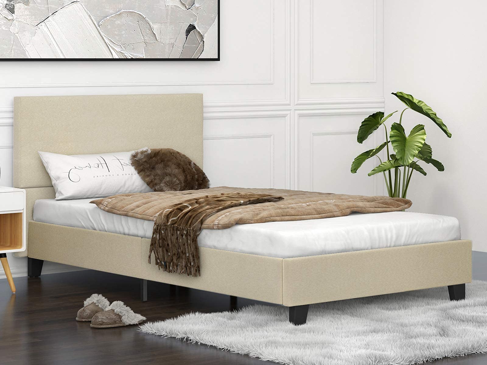 Upholstered Platform Bed Frame with Headboard - Twin Size Beige Fabric Bed - No Box Spring Needed with Wood Slats Support - Easy Assembly Mattress Foundation - Perfect for Small Bedrooms, Guest Rooms & Dormitories