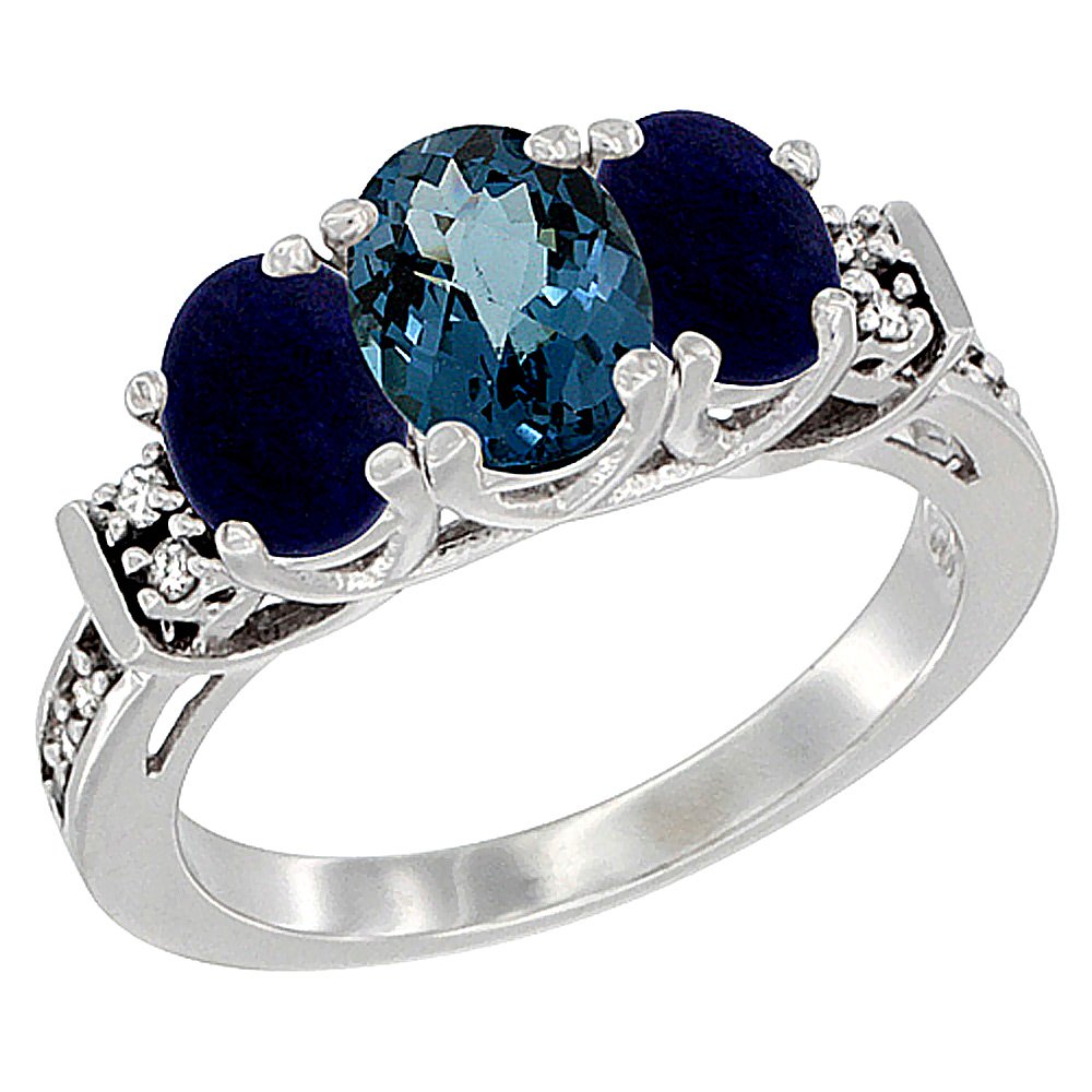 10K White Gold Natural London Blue Topaz & Lapis Ring with 3-Stone Oval Diamond Accent - Size 5-10 | Elegant Birthstone Jewelry for Women, Perfect for Anniversaries, Engagements & Special Occasions