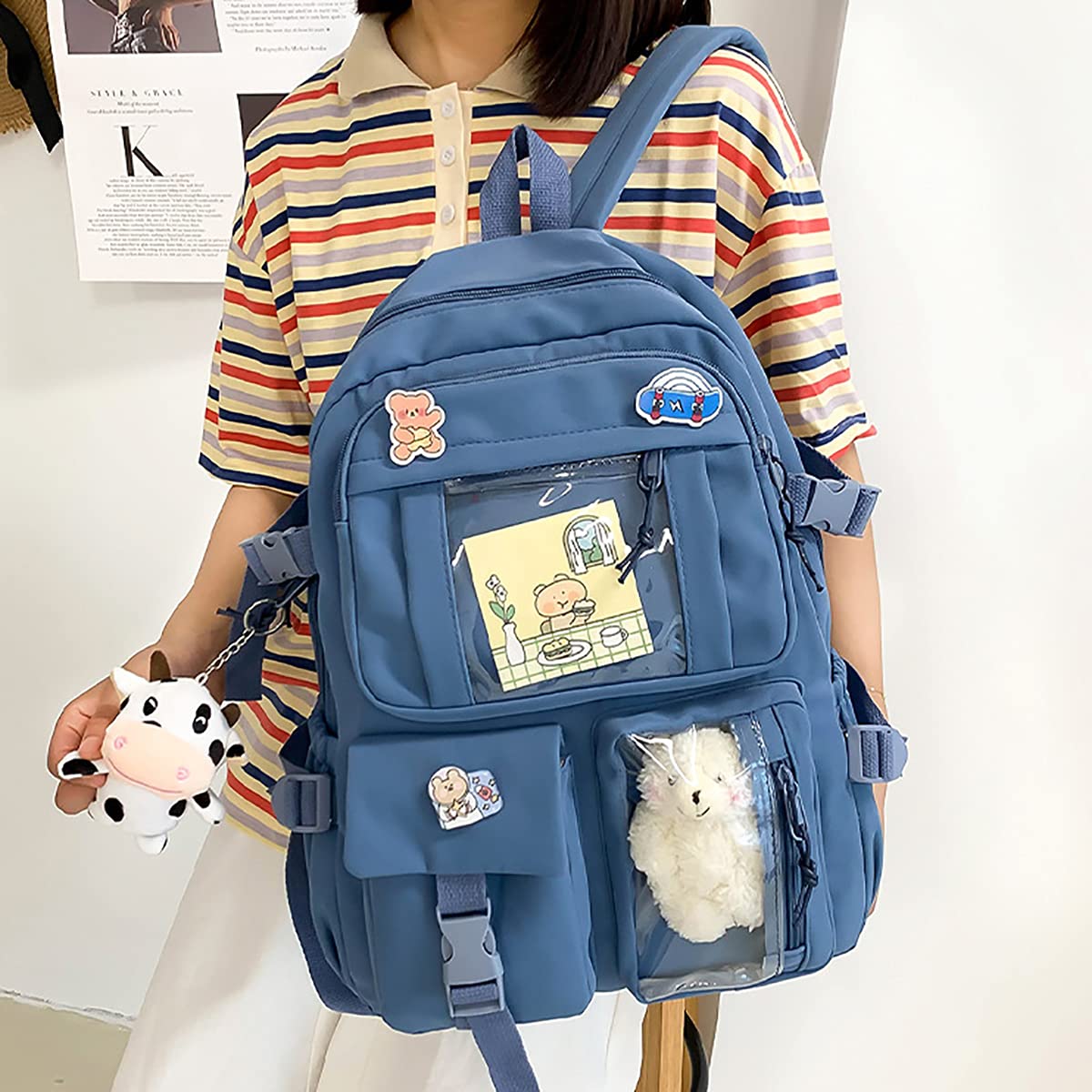 Cute Kawaii Aesthetic Backpack with Badge Pins & Keychain Pendant - Lightweight Travel Backpack for School, College, Anime Conventions & Daily Use