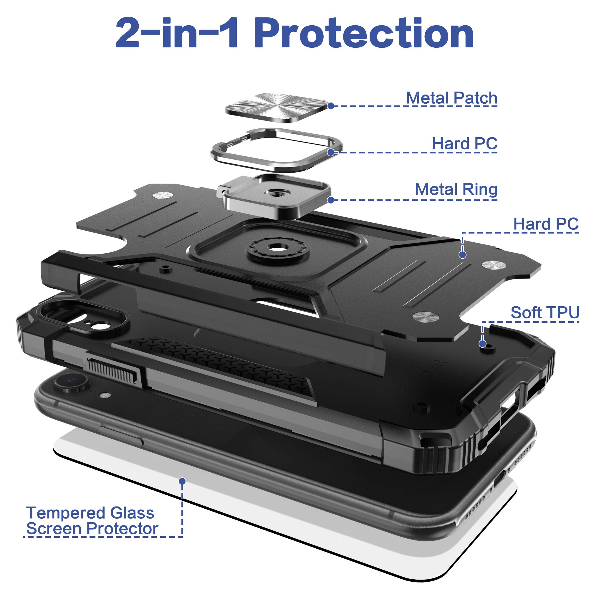**Shockproof iPhone XR Case with Built-in Screen Protector - Heavy Duty Drop Tested, Lightweight Protective Cover with Kickstand & Car Mount - Perfect for Outdoor, Travel & Daily Use (Black)**
