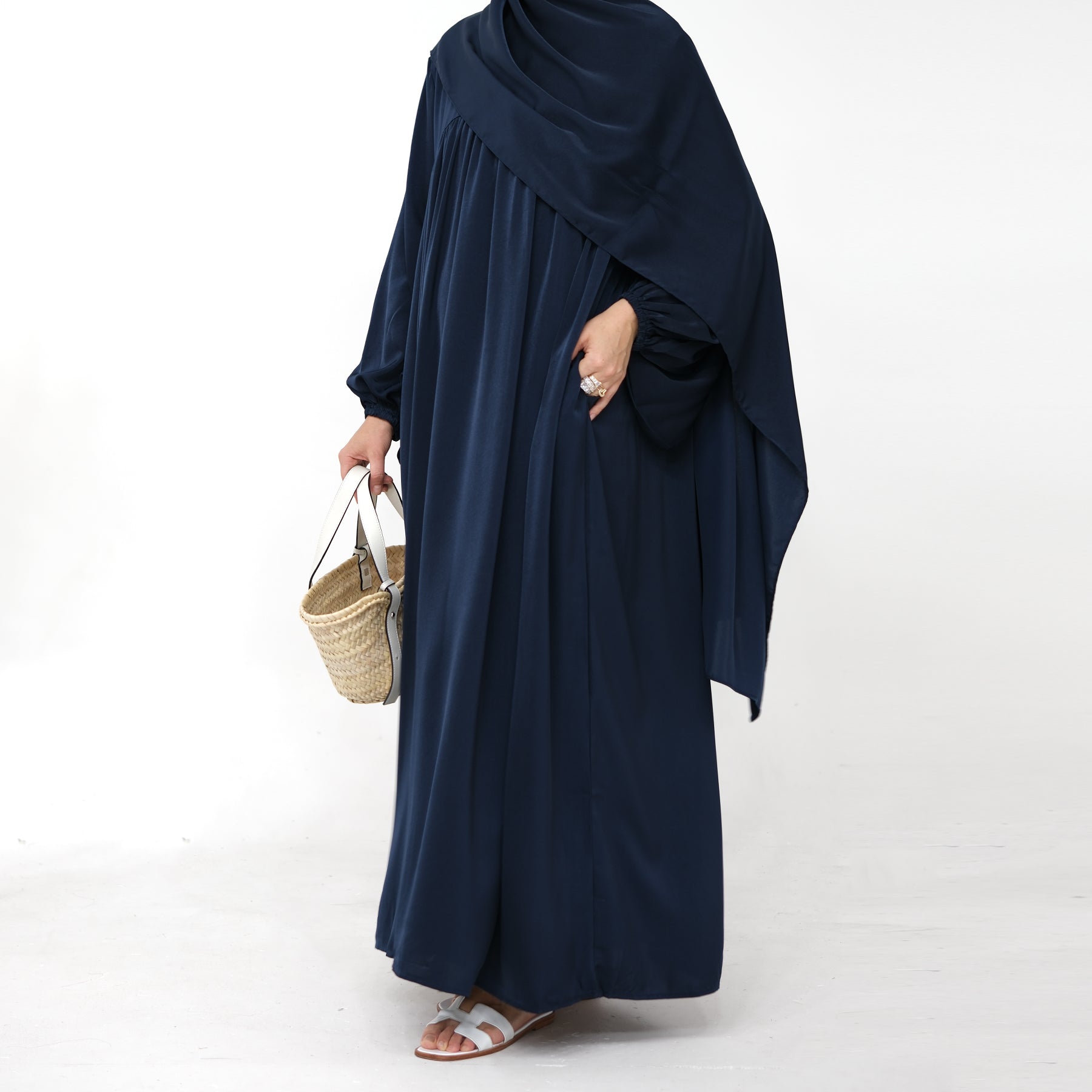Amelia Satin Abaya Set for Women - Navy Blue Modest Islamic Prayer Dress | Perfect for Eid, Ramadan, Mosque & Special Occasions