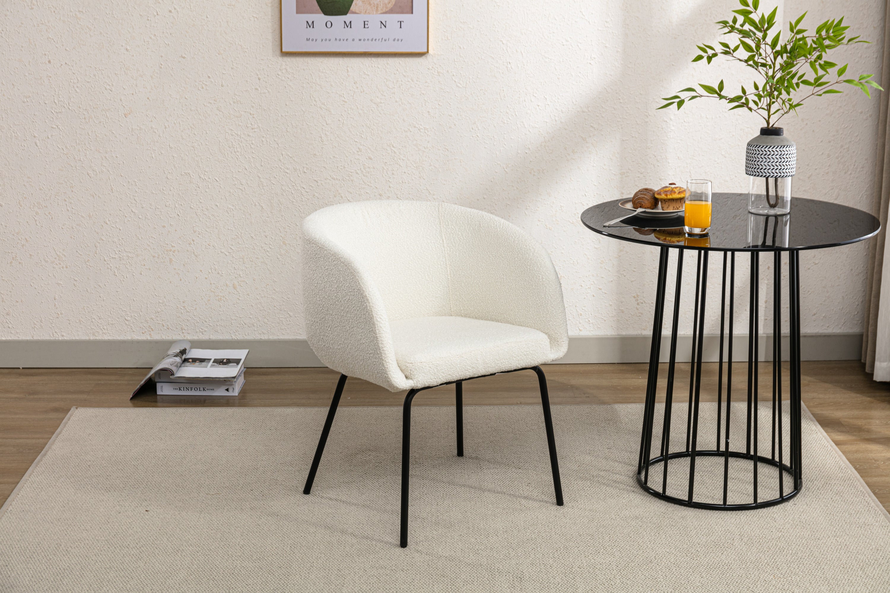 039 Set of 1 Boucle Fabric Dining Chair With Black Metal Legs - Modern Upholstered Accent Chair for Dining Room, Kitchen, Office or Living Room