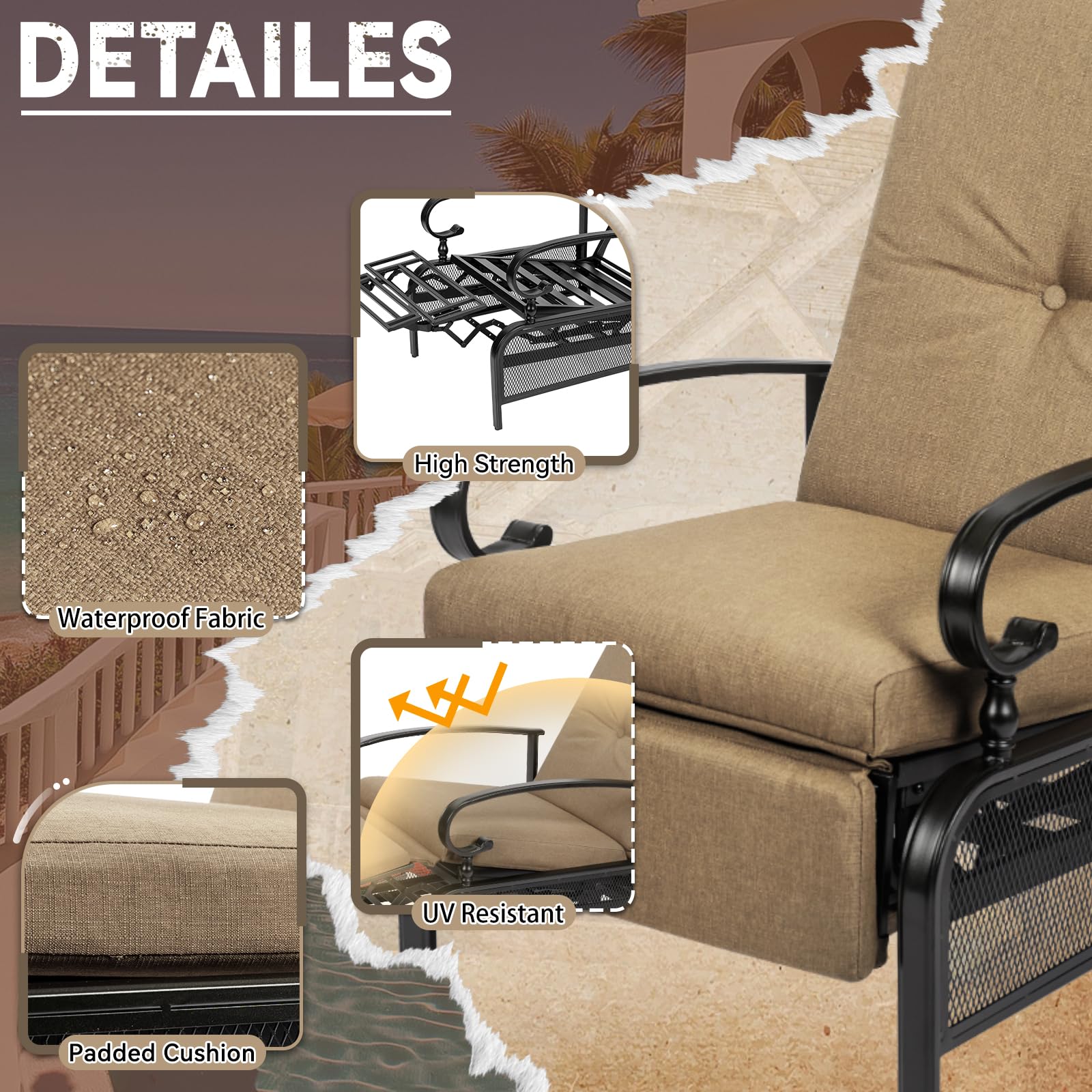 SOLAURA Adjustable Outdoor Recliner Lounge Chair with Black Metal Frame & Removable Cushions - Patio, Backyard, Poolside, Garden Relaxation (Beige) - Perfect for Sunbathing, Reading, and Outdoor Lounging