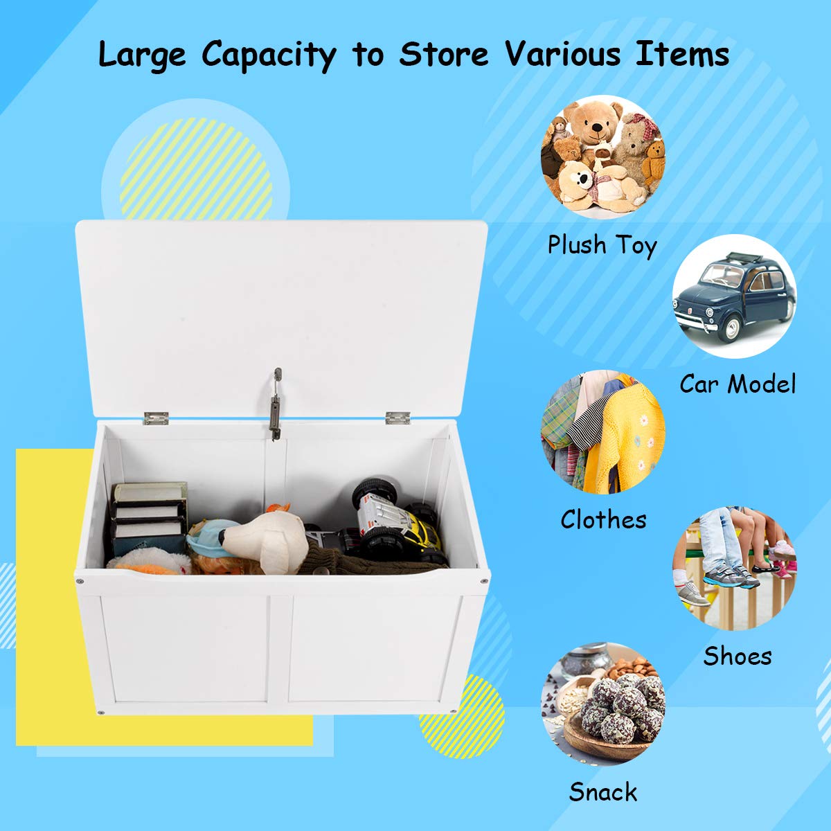 Costzon Kids Wooden Toy Box with Flip Top Lid - Large Storage Chest & Bench Organizer for Nursery, Playroom, Kids Room - White | Perfect for Toy Storage, Seating & Room Decor
