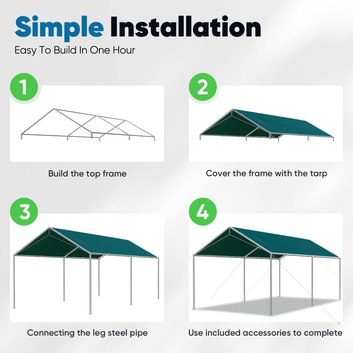 Quictent 10x20 ft Heavy Duty Car Canopy with Galvanized Steel Frame - Waterproof Outdoor Party Tent, Boat Shelter & Vehicle Cover with 3 Reinforced Steel Cables (Green) - Perfect for Backyard Events, Camping & RV Protection