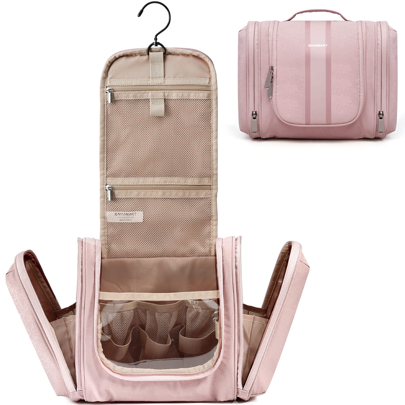 BAGSMART Extra Large Hanging Toiletry Bag for Travel - Waterproof Cosmetic Makeup Organizer with Large Capacity for Full-size Toiletries (Pink) - Perfect for Vacation, Business Trips & Camping Essentials
