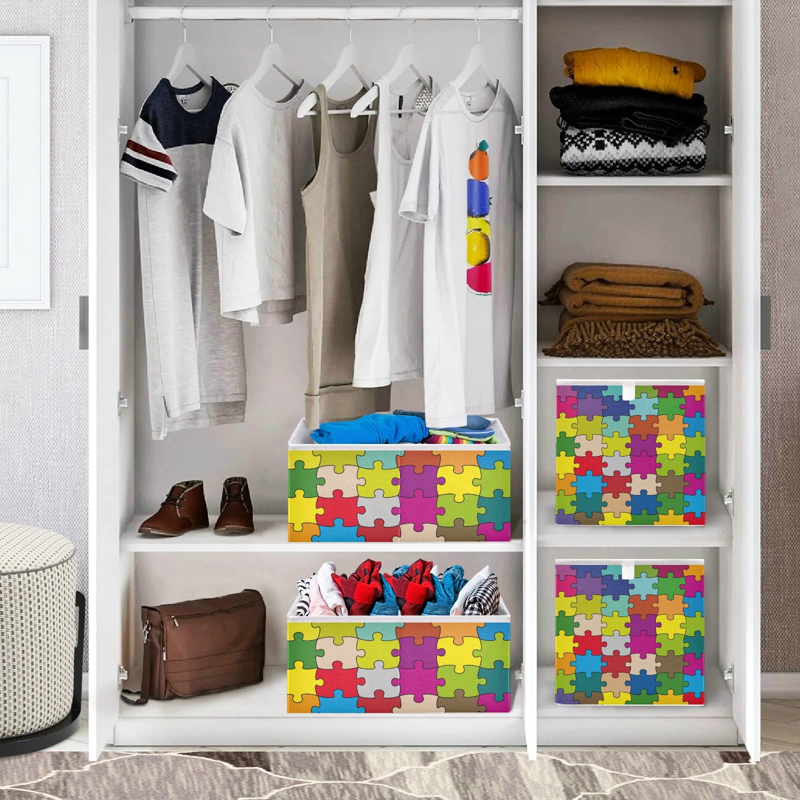 Poeticcity Colorful Puzzle Pattern Collapsible Storage Basket - Foldable Rectangular Organizer Bin for Toys, Clothes & Nursery | Easy Assembly Home & Office Organization Solution