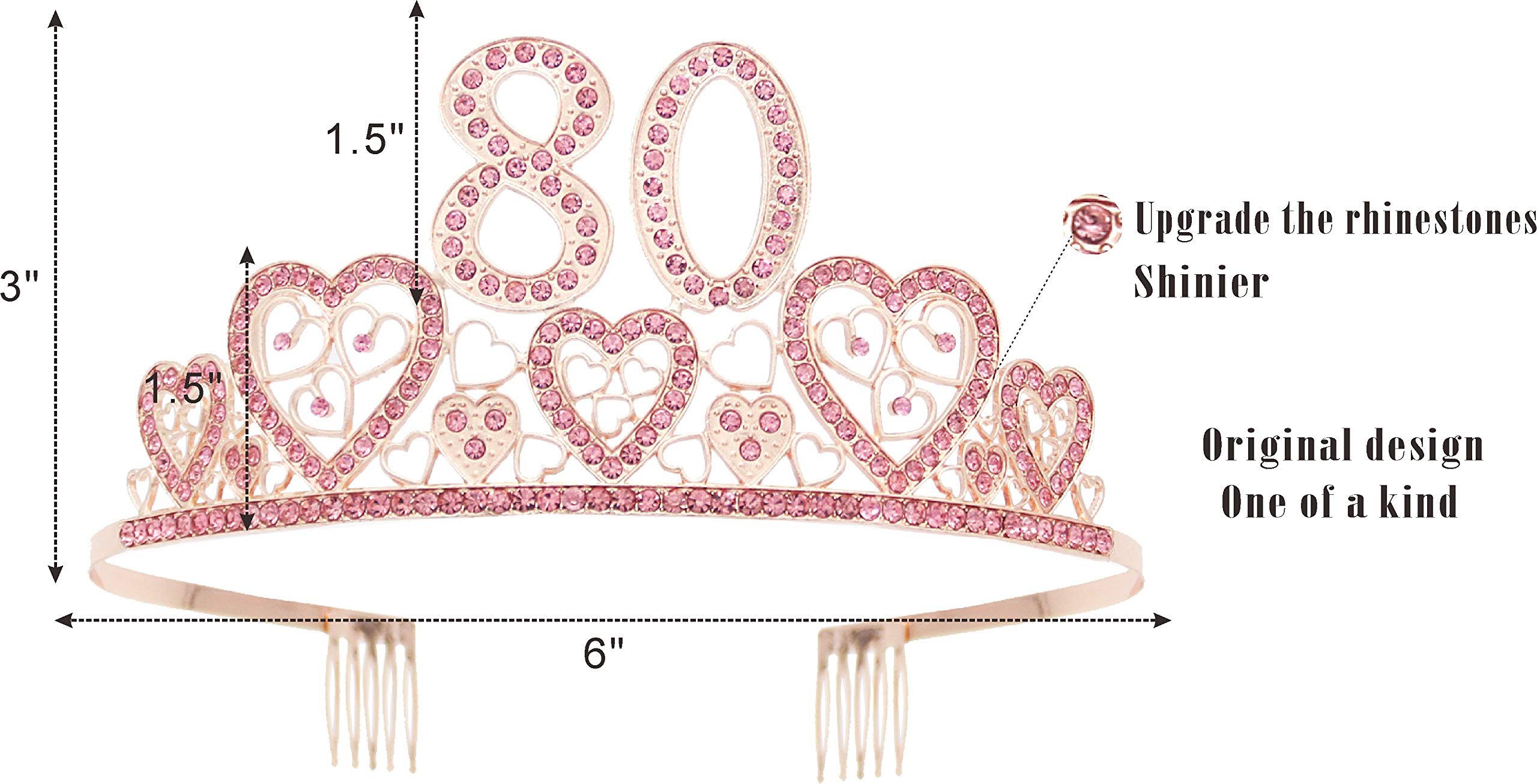 80th Birthday Sash and Tiara Set for Women - Glitter Sash with Rhinestone Hearts & Pink Metal Tiara | Perfect 80th Birthday Gift for Queen of Celebration | Great for Milestone Parties, Birthday Photos & Special Occasions