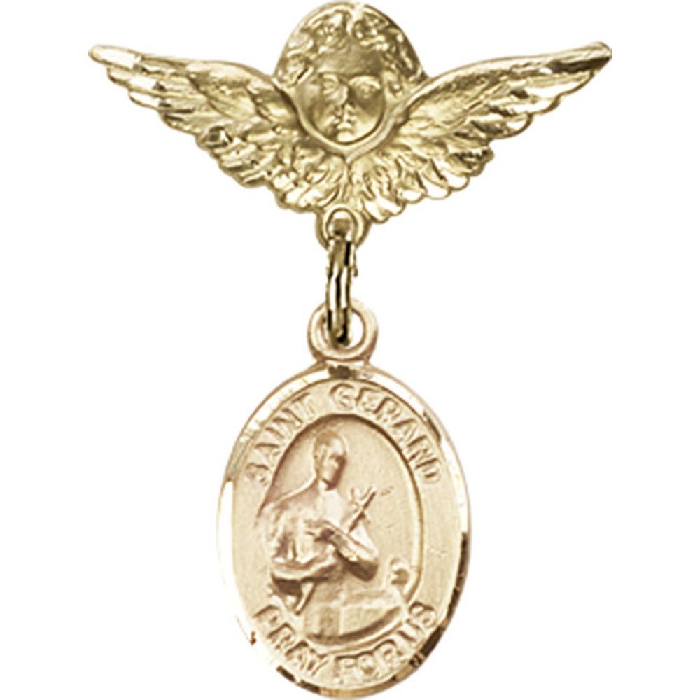 St. Gerard Gold Filled Baby Badge Pin with Angel Wings Charm - 1 X 3/4 Inch Religious Jewelry for Baptism, Christening & Newborn Blessings