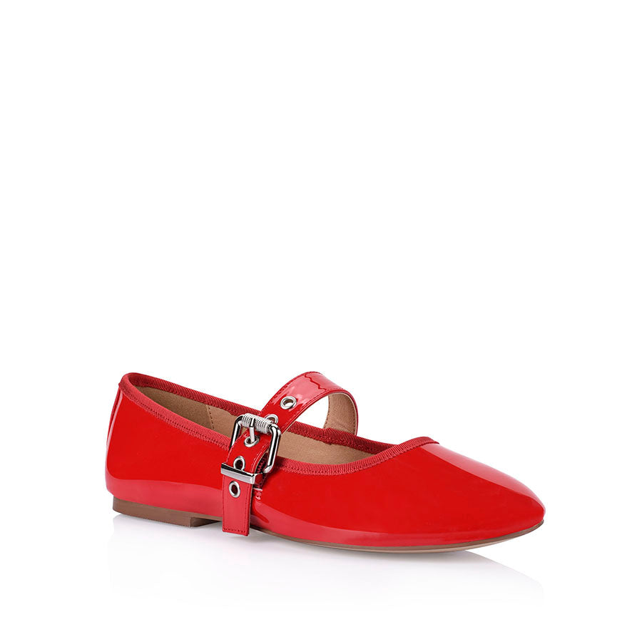 **Red Patent Leather Mary Jane Flats for Women - Comfortable Buckled Ballet Shoes for Work, School & Casual Outfits**