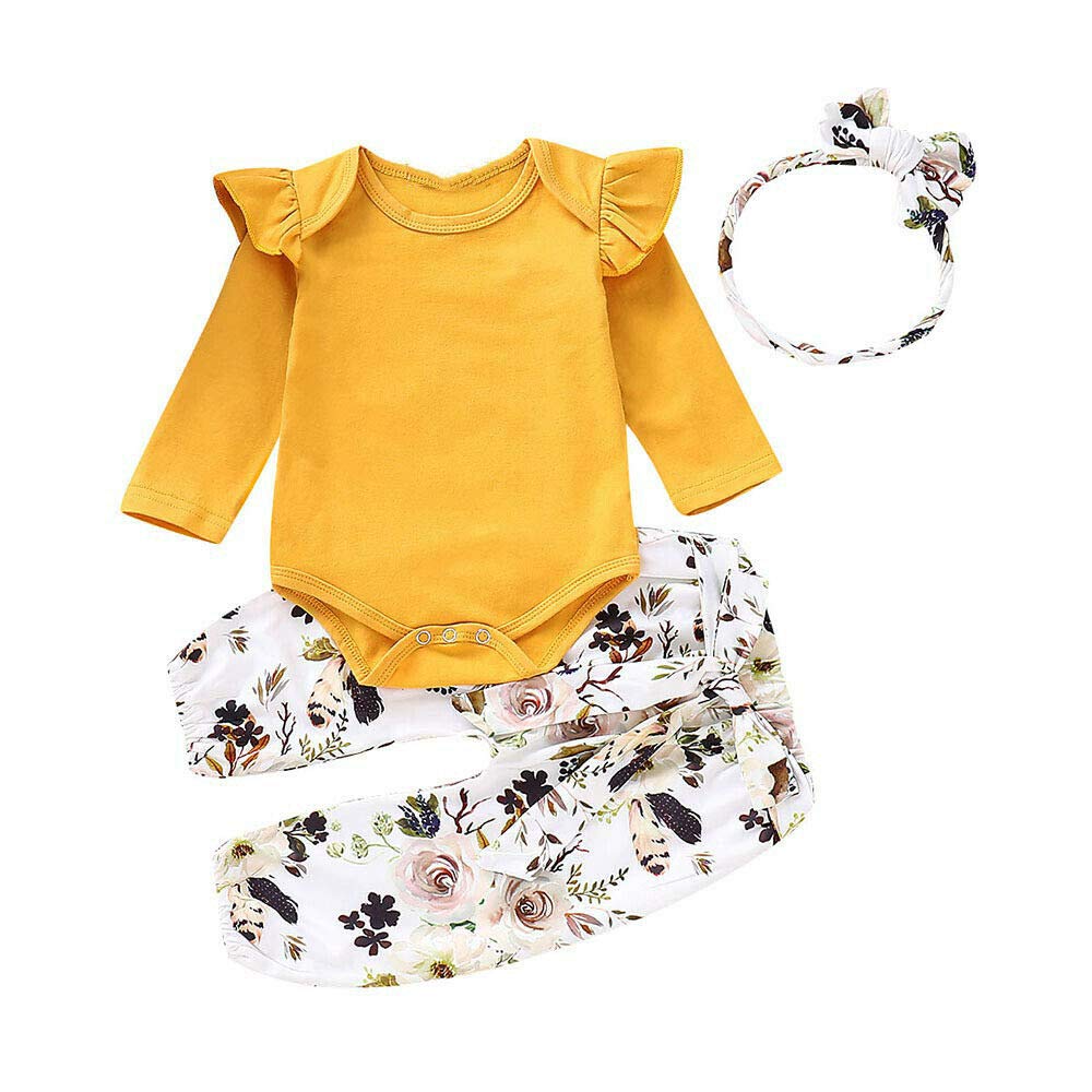 Newborn Baby Girl 3-Piece Summer Outfit Set - Short Sleeve Ruffle Romper Top + Floral Pants + Headband | Cute Toddler Clothes for Playdates, Beach & Photo Shoots